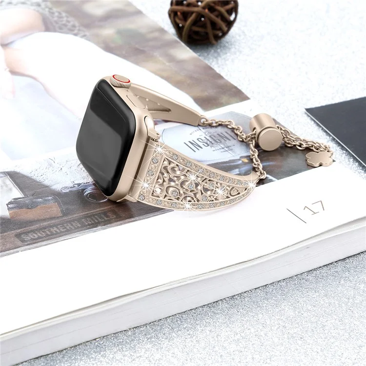 For Apple Watch 10 46mm / Ultra 2 / Ultra 49mm / 9 8 7 45mm / SE (2023) SE (2022) SE 6 5 4 44mm / 3 2 1 42mm Floral Slider Bracelet Strap - Retro Gold