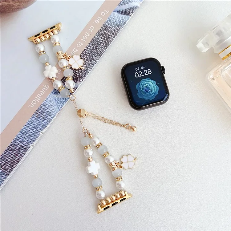 Clover Strap For Apple Watch Series 10 42mm / 9 8 7 41mm / 6 5 4 SE (2023) SE (2022) SE 40mm / 3 2 1 38mm Beaded Bracelet Band - White