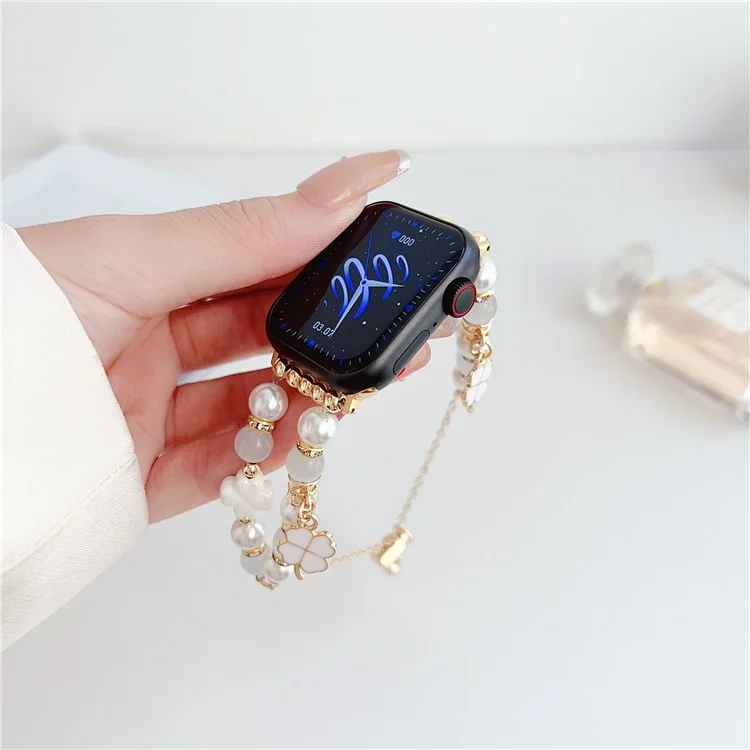 Clover Strap For Apple Watch Series 10 42mm / 9 8 7 41mm / 6 5 4 SE (2023) SE (2022) SE 40mm / 3 2 1 38mm Beaded Bracelet Band - White