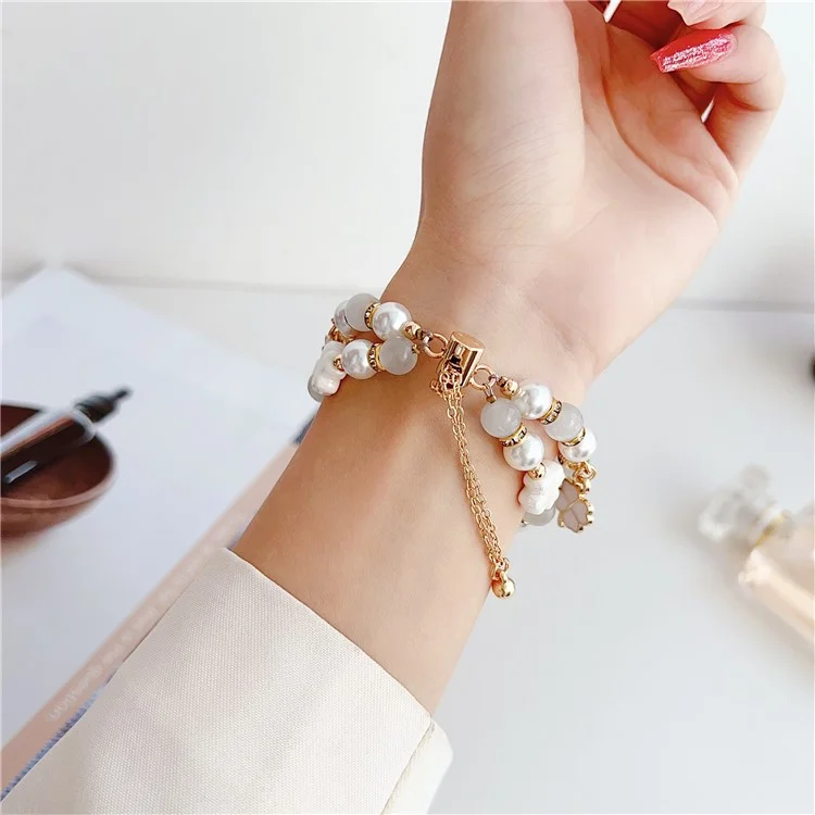 Clover Strap For Apple Watch Series 10 42mm / 9 8 7 41mm / 6 5 4 SE (2023) SE (2022) SE 40mm / 3 2 1 38mm Beaded Bracelet Band - White