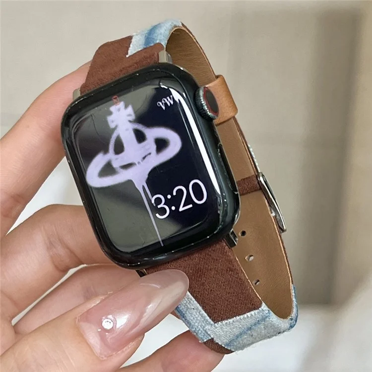 Strap For Apple Watch Series 10 42mm / 9 8 7 41mm / 6 5 4 SE (2023) SE (2022) SE 40mm / 3 2 1 38mm Denim+PU Leather Watch Band - Blue Dyeing+Brown