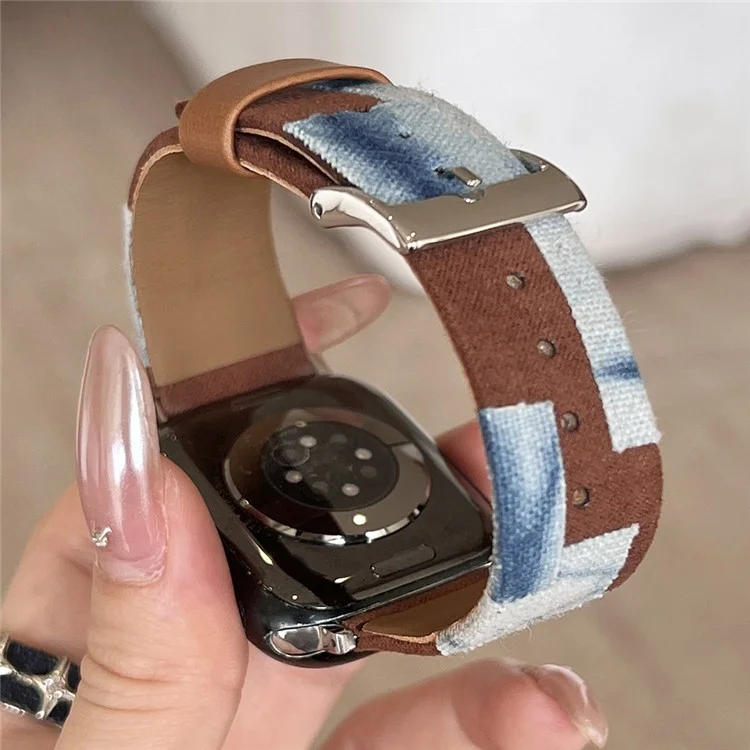 Strap For Apple Watch Series 10 42mm / 9 8 7 41mm / 6 5 4 SE (2023) SE (2022) SE 40mm / 3 2 1 38mm Denim+PU Leather Watch Band - Blue Dyeing+Brown