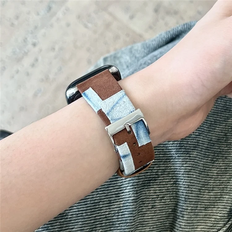 Strap For Apple Watch Series 10 42mm / 9 8 7 41mm / 6 5 4 SE (2023) SE (2022) SE 40mm / 3 2 1 38mm Denim+PU Leather Watch Band - Blue Dyeing+Brown