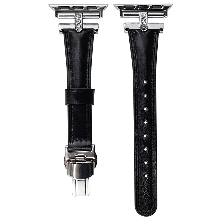 Rhinestone-Dekor-Armband für Apple Watch Series 10 42 mm / 9 8 7 41 mm / SE (2023) SE (2022) SE 6 5 4 40 mm / 3 2 1 38 mm - Echtleder - Schwarz