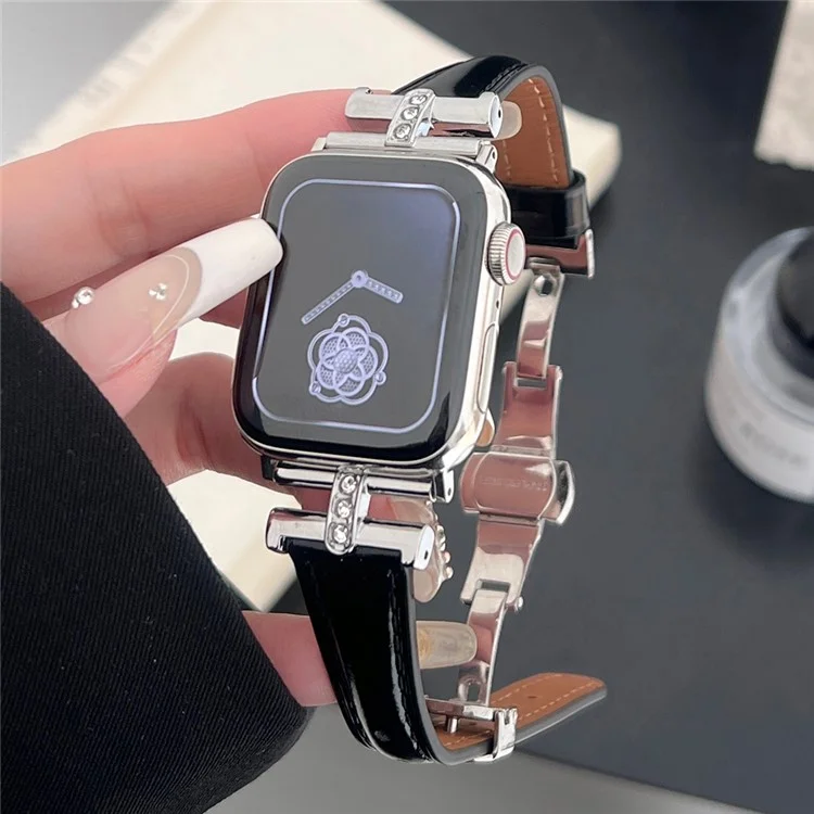 Para Apple Watch 10 46mm / Ultra 2 / Ultra 49mm / 9 8 7 45mm / SE (2023) SE (2022) SE 6 5 4 44mm / 3 2 1 42mm Genuine Cow Leather Strap - Negro