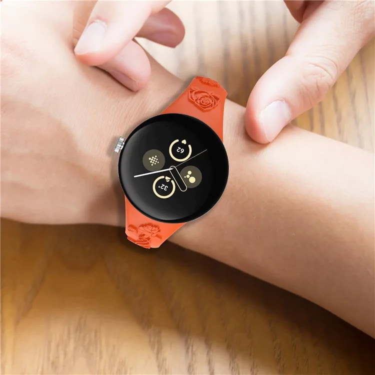 Per Google Pixel Watch 3 41mm / Watch 2 / Pixel Watch Carving Flower Pattern Watch Strap Replacement Silicone Band - Arancione