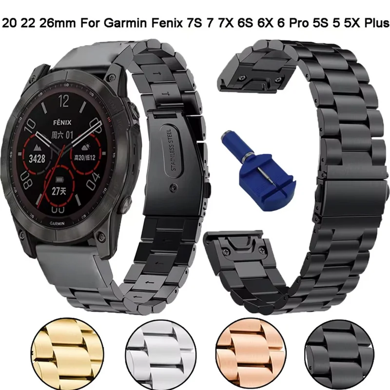 Stainless Steel Strap for Garmin Garmin Fenix 7 / 7 Pro / 6 Quickfit 22mm Three Beads Watch Band - Silver