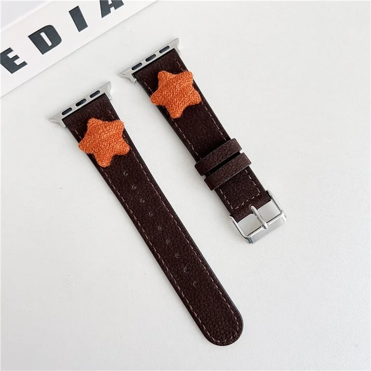 Strap For Apple Watch Series 10 42mm / 9 8 7 41mm / 6 5 4 SE (2023) SE (2022) SE 40mm / 3 2 1 38mm Genuine Cow Leather Watch Band Star Decor - Dark Brown