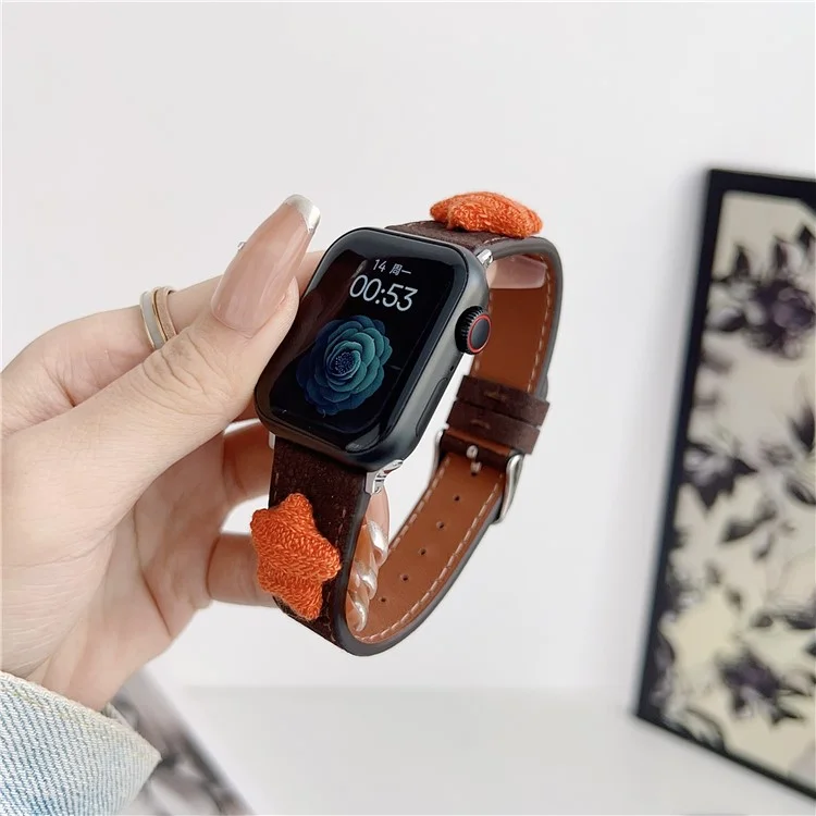 Strap For Apple Watch Series 10 42mm / 9 8 7 41mm / 6 5 4 SE (2023) SE (2022) SE 40mm / 3 2 1 38mm Genuine Cow Leather Watch Band Star Decor - Dark Brown