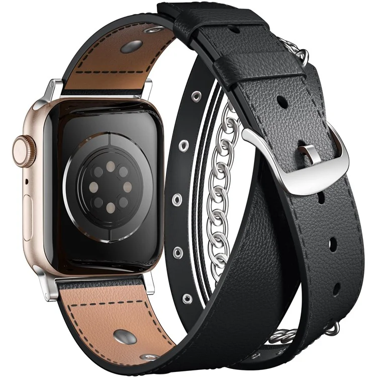 M / L Size For Apple Watch 10 46mm / Ultra 2 / Ultra 49mm / 9 8 7 45mm / SE (2023) SE (2022) SE 6 5 4 44mm / 3 2 1 42mm Cowhide Strap Punk Style Watch Band - Black