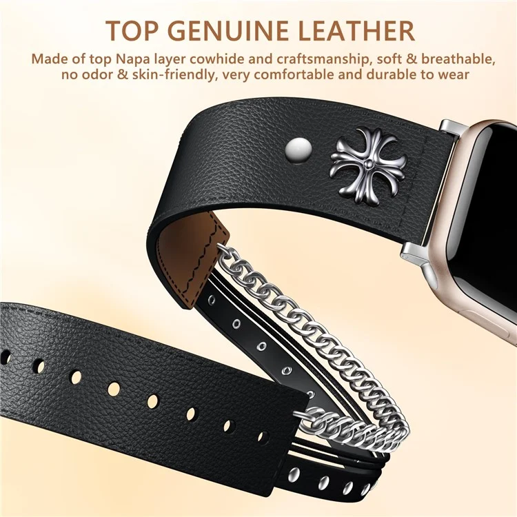 M / L Size For Apple Watch 10 46mm / Ultra 2 / Ultra 49mm / 9 8 7 45mm / SE (2023) SE (2022) SE 6 5 4 44mm / 3 2 1 42mm Cowhide Strap Punk Style Watch Band - Black