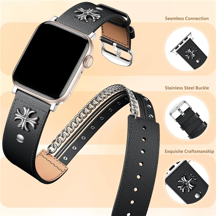 M / L Size For Apple Watch 10 46mm / Ultra 2 / Ultra 49mm / 9 8 7 45mm / SE (2023) SE (2022) SE 6 5 4 44mm / 3 2 1 42mm Cowhide Strap Punk Style Watch Band - Black