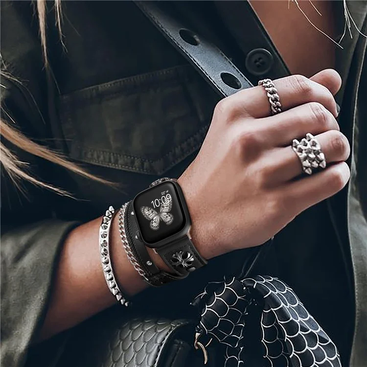 M / L Size For Apple Watch 10 46mm / Ultra 2 / Ultra 49mm / 9 8 7 45mm / SE (2023) SE (2022) SE 6 5 4 44mm / 3 2 1 42mm Cowhide Strap Punk Style Watch Band - Black