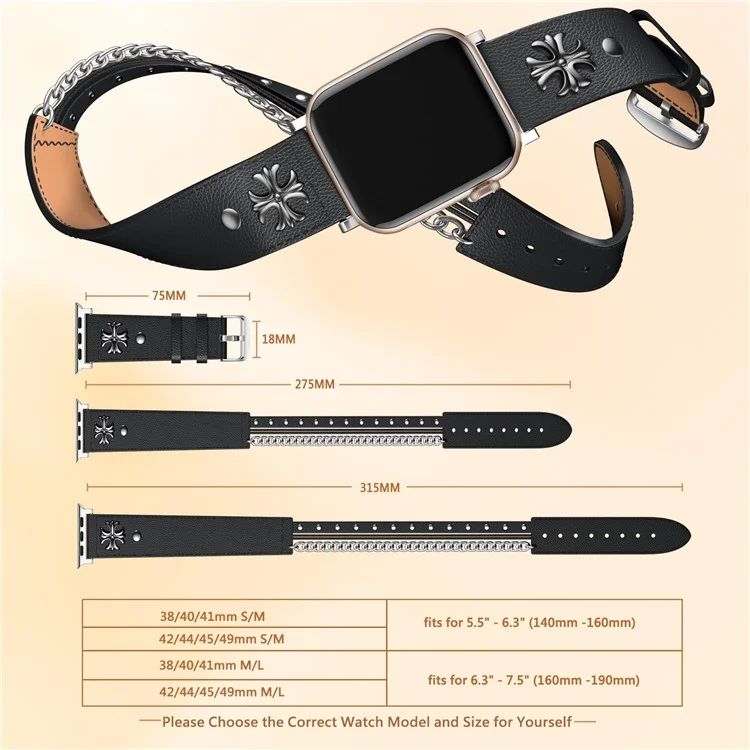 M / L Size For Apple Watch 10 46mm / Ultra 2 / Ultra 49mm / 9 8 7 45mm / SE (2023) SE (2022) SE 6 5 4 44mm / 3 2 1 42mm Cowhide Strap Punk Style Watch Band - Black