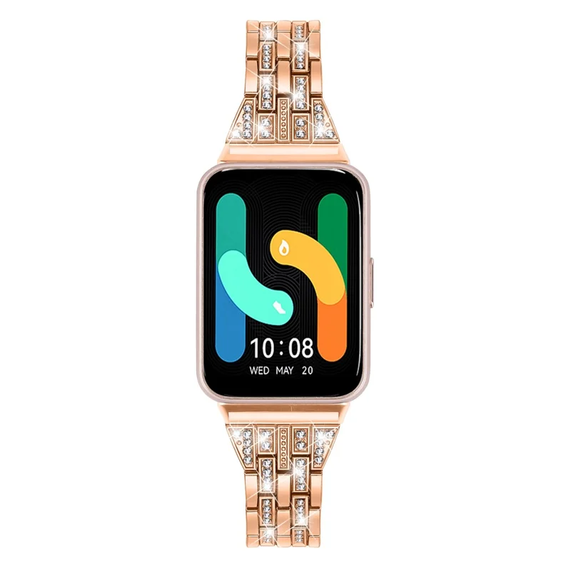 For Samsung Galaxy Fit3 SM-R390 Women Replacement 2 Rows Rhinestone Metal Watch Band Strap - Rose Gold