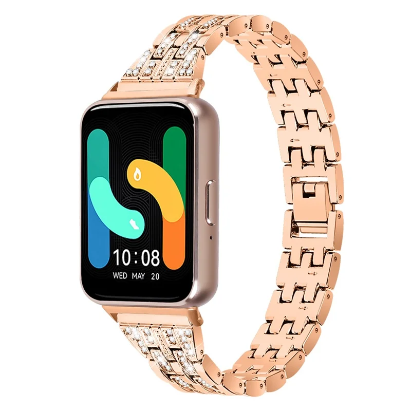 For Samsung Galaxy Fit3 SM-R390 Women Replacement 2 Rows Rhinestone Metal Watch Band Strap - Rose Gold