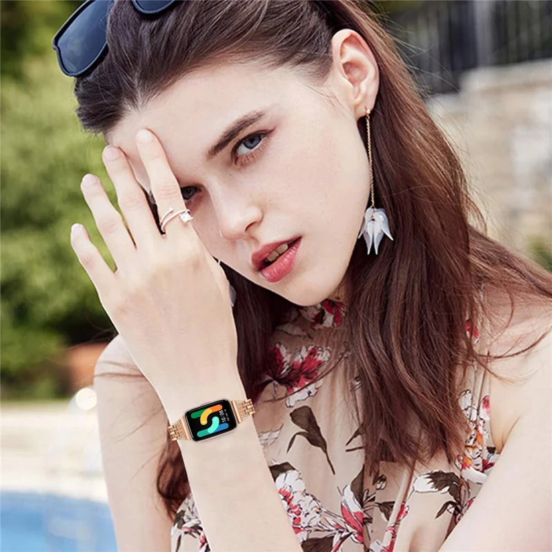 For Samsung Galaxy Fit3 SM-R390 Women Replacement 2 Rows Rhinestone Metal Watch Band Strap - Rose Gold