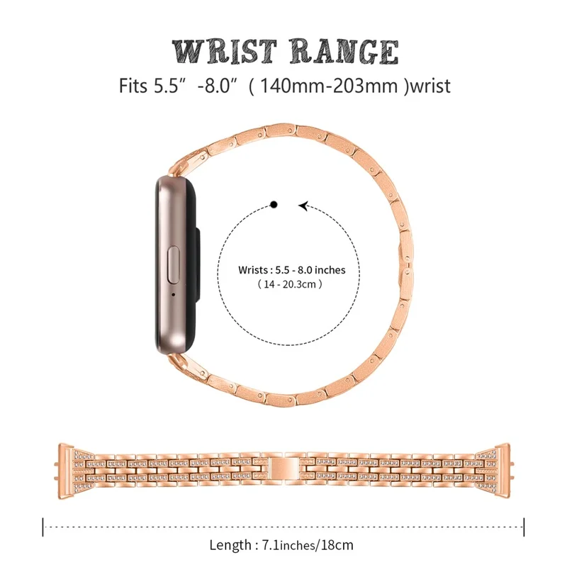 For Samsung Galaxy Fit3 SM-R390 Women Replacement 2 Rows Rhinestone Metal Watch Band Strap - Rose Gold