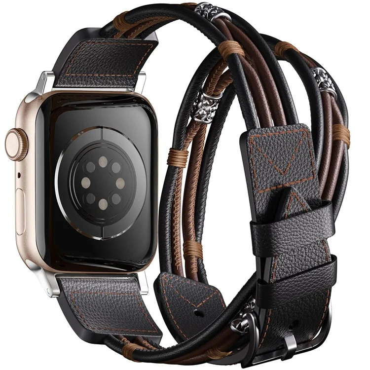 S / M Ethnic Style Double Circle Strap für Apple Watch Series 10 42mm / 9 8 7 41mm / 6 5 4 SE (2022) SE (2023) SE 40mm / 3 2 1 38mm Rindsleder-Armband - Schwarz