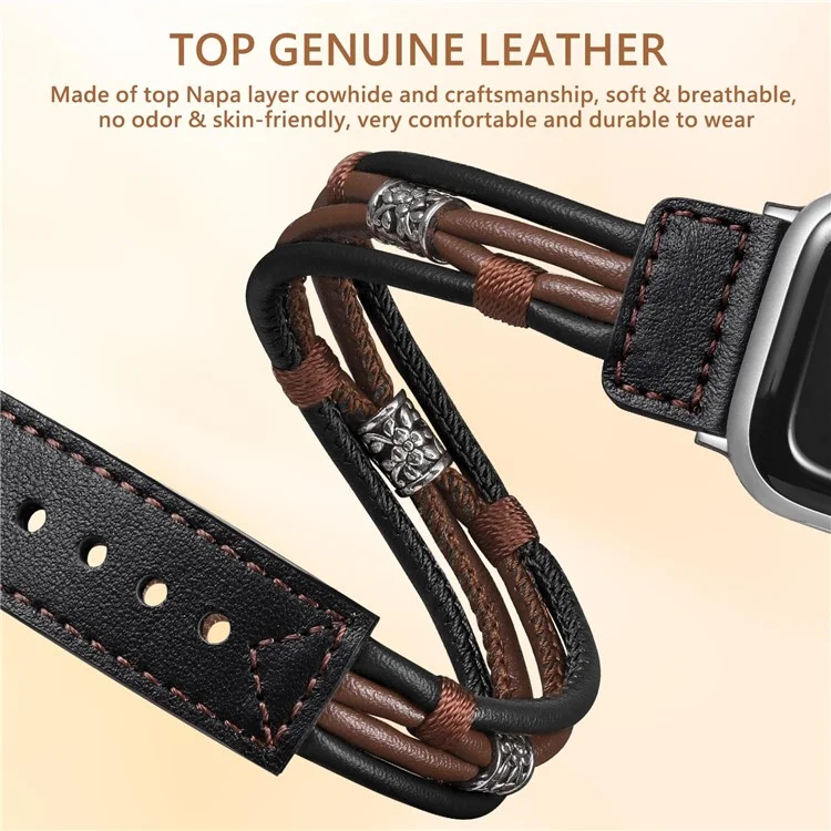 S / M Ethnic Style Double Circle Strap für Apple Watch Series 10 42mm / 9 8 7 41mm / 6 5 4 SE (2022) SE (2023) SE 40mm / 3 2 1 38mm Rindsleder-Armband - Schwarz