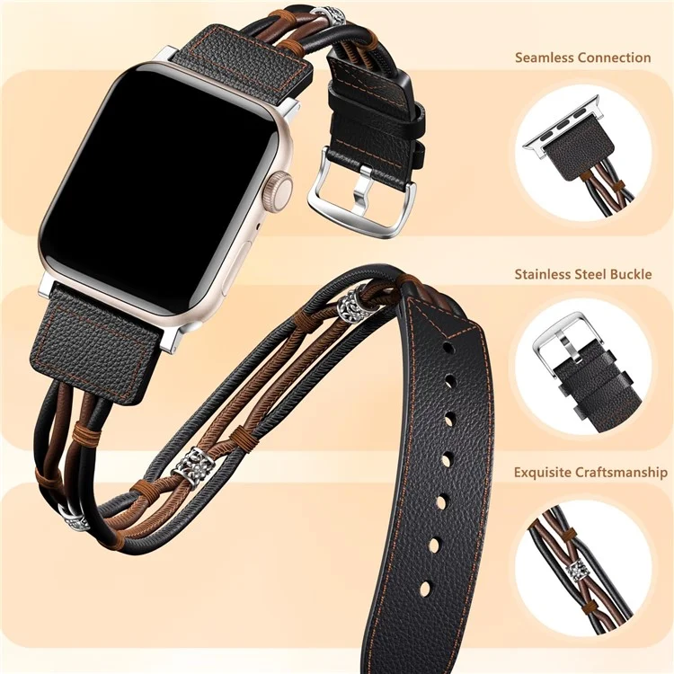 S / M Ethnic Style Double Circle Strap für Apple Watch Series 10 42mm / 9 8 7 41mm / 6 5 4 SE (2022) SE (2023) SE 40mm / 3 2 1 38mm Rindsleder-Armband - Schwarz