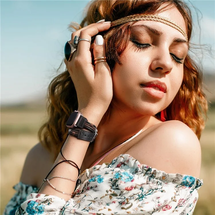 S / M Ethnic Style Double Circle Strap für Apple Watch Series 10 42mm / 9 8 7 41mm / 6 5 4 SE (2022) SE (2023) SE 40mm / 3 2 1 38mm Rindsleder-Armband - Schwarz
