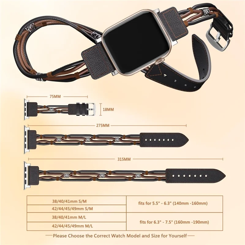 S / M Ethnic Style Double Circle Strap für Apple Watch Series 10 42mm / 9 8 7 41mm / 6 5 4 SE (2022) SE (2023) SE 40mm / 3 2 1 38mm Rindsleder-Armband - Schwarz