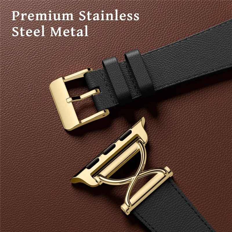 Leather Band For Apple Watch Series 10 42mm / 9 8 7 41mm / 6 5 4 SE (2023) SE (2022) SE 40mm / 3 2 1 38mm Electroplated Buckle Watch Strap - Black+Gold