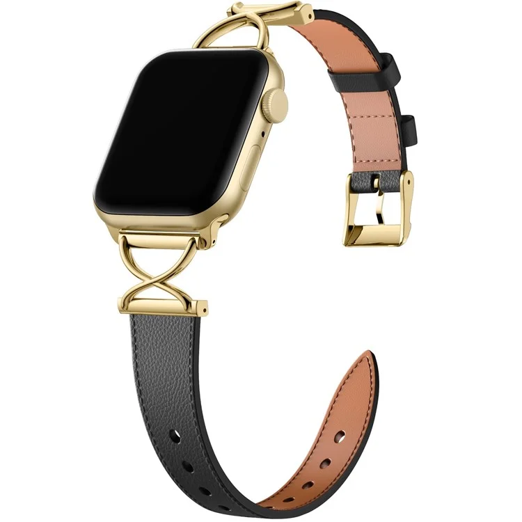 For Apple Watch 10 46mm / Ultra 2 / Ultra 49mm / 9 8 7 45mm / SE (2023) SE (2022) SE 6 5 4 44mm / 3 2 1 42mm Replacement Strap (Electroplated Buckle) - Black+Gold
