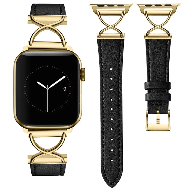 For Apple Watch 10 46mm / Ultra 2 / Ultra 49mm / 9 8 7 45mm / SE (2023) SE (2022) SE 6 5 4 44mm / 3 2 1 42mm Replacement Strap (Electroplated Buckle) - Black+Gold