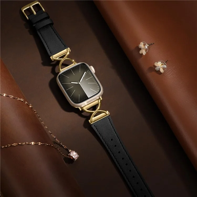 For Apple Watch 10 46mm / Ultra 2 / Ultra 49mm / 9 8 7 45mm / SE (2023) SE (2022) SE 6 5 4 44mm / 3 2 1 42mm Replacement Strap (Electroplated Buckle) - Black+Gold