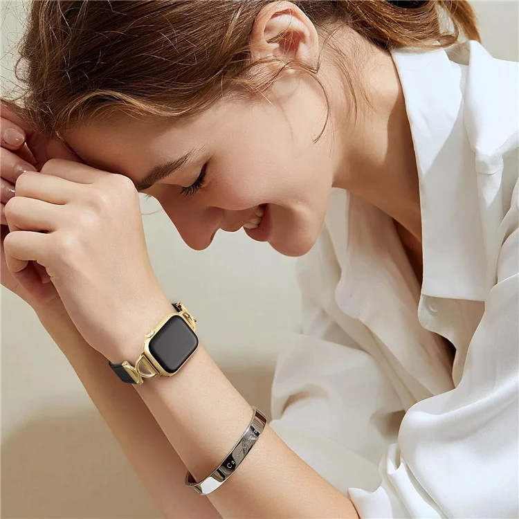 For Apple Watch 10 46mm / Ultra 2 / Ultra 49mm / 9 8 7 45mm / SE (2023) SE (2022) SE 6 5 4 44mm / 3 2 1 42mm Replacement Strap (Electroplated Buckle) - Black+Gold