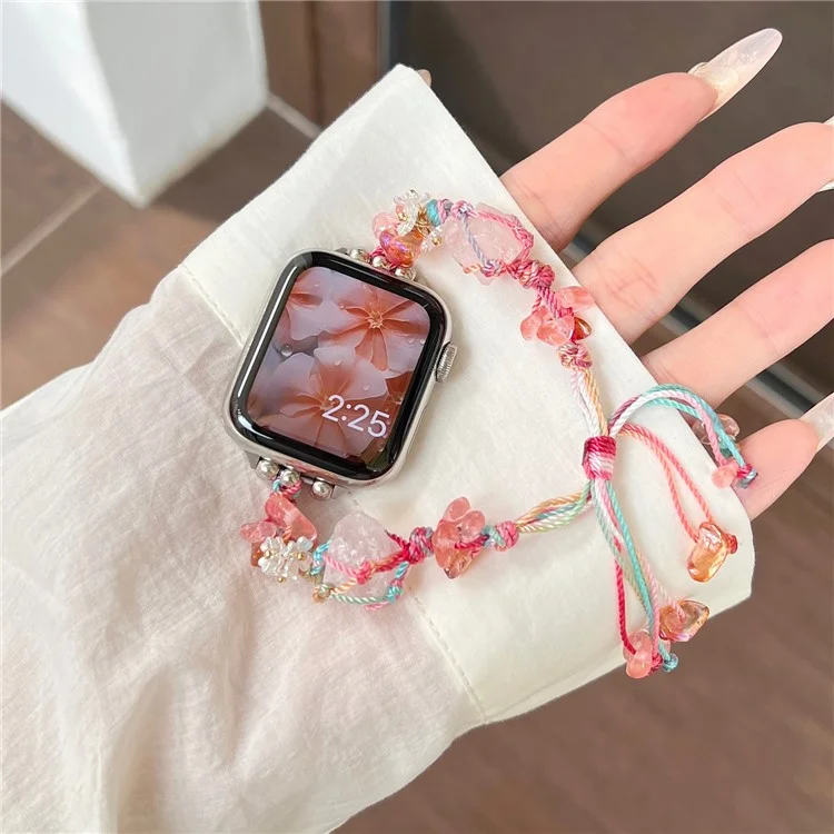 Drawstring Strap for Apple Watch 10 46mm / Ultra 2 / Ultra 49mm / 9 8 7 45mm / SE (2023) SE (2022) SE 6 5 4 44mm / 3 2 1 42mm Color Stone Rope Band - Red