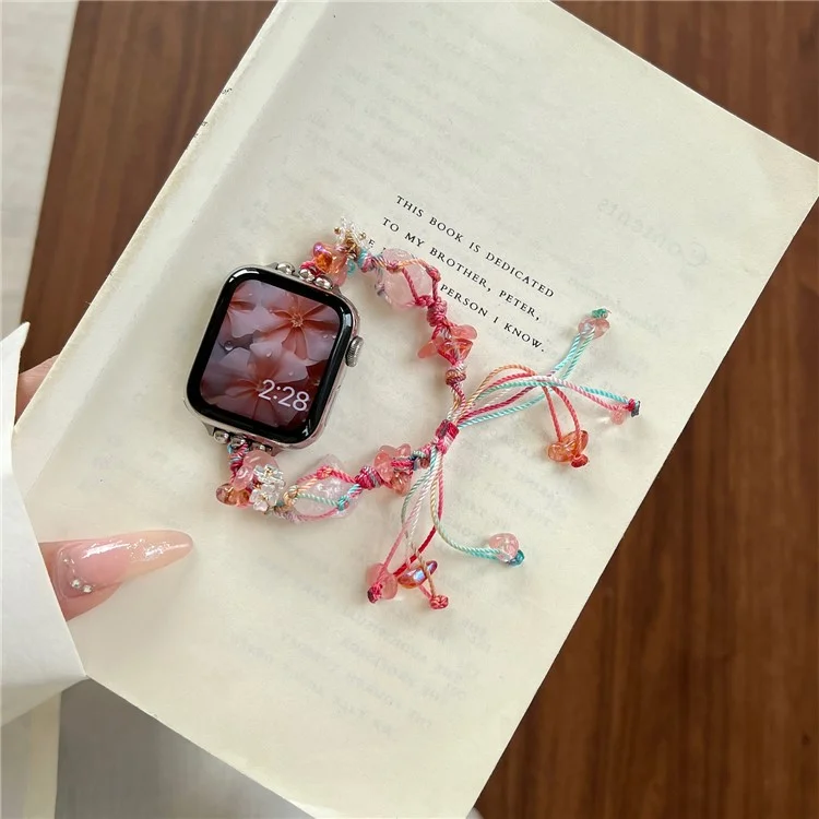 Drawstring Strap for Apple Watch 10 46mm / Ultra 2 / Ultra 49mm / 9 8 7 45mm / SE (2023) SE (2022) SE 6 5 4 44mm / 3 2 1 42mm Color Stone Rope Band - Red
