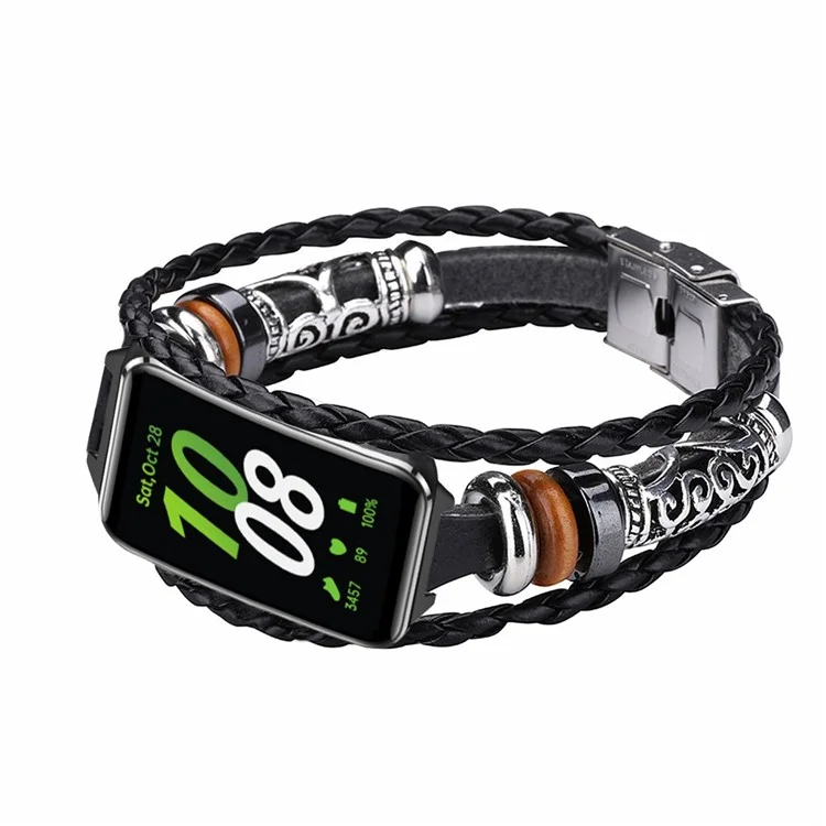 Для Samsung Galaxy Fit3 PU Leather+Metal Bracelet Ethnic Retro Style Watch Strap - Черный