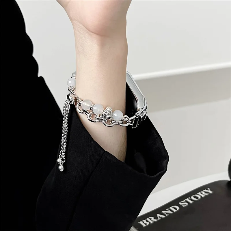 For Xiaomi Smart Band 8 Stainless Steel Watch Band Beads Chain Bracelet with Case - Black+Grey