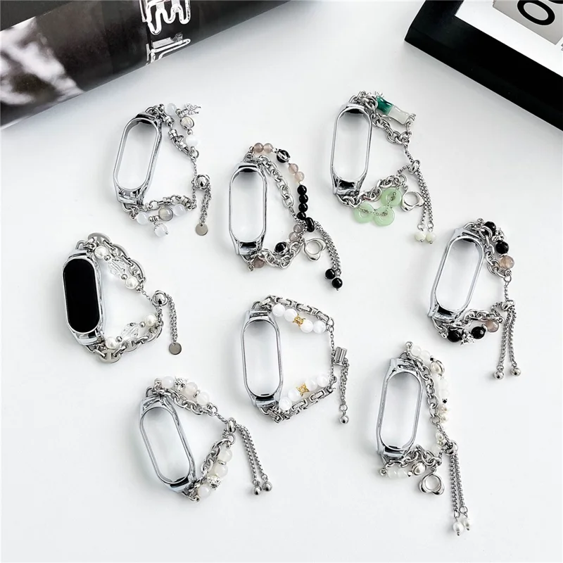 For Xiaomi Smart Band 8 Stainless Steel Watch Band Beads Chain Bracelet with Case - Black+Grey