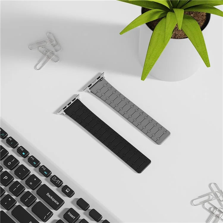 Para Apple Watch 10 46mm / Ultra 2 / Ultra 49mm / 9 8 7 45mm / SE (2023) SE (2022) SE 6 5 4 44mm / 3 2 1 42mm Silicone Magnetic Band Strap - Preto / Cinza