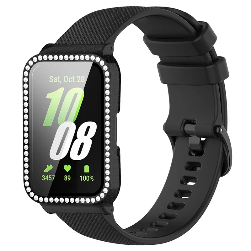Für Samsung Galaxy Fit3 Silikongurt Mit Strass -decor Watch Hülle + Bildschirmschutzschutz - Schwarzer Riemen+elektropliertes Schwarzes Gehäuse