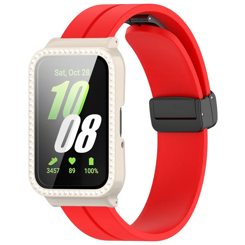 For Samsung Galaxy Fit3 Magnetic Watch Strap Frame Case Tempered Glass Screen Film - Red Retro White