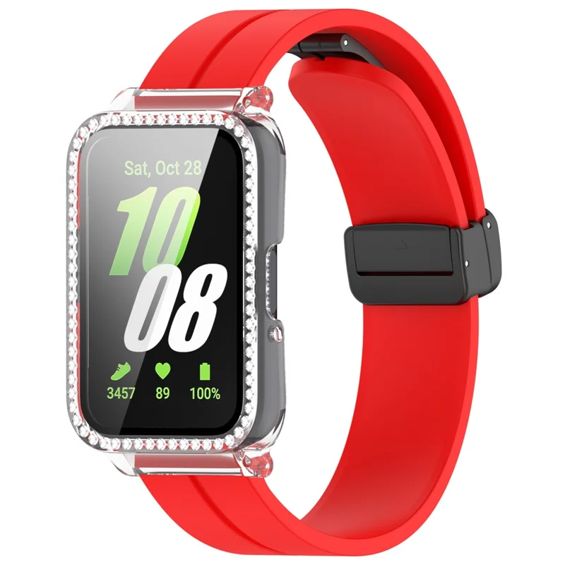Per Samsung Galaxy Fit3 Cinturino di Orologio Magnetico Telaio Custodia Pellicola Protettiva in Vetro Temperato - Rosso Trasparente