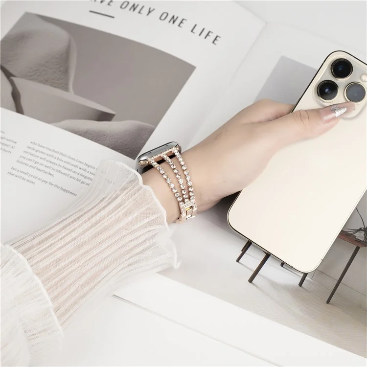 For Apple Watch 10 46mm / Ultra 2 / Ultra 49mm / 9 8 7 45mm / SE (2023) SE (2022) SE 6 5 4 44mm / 3 2 1 42mm 3 Rows Rhinestone Bracelet Strap - Rose Gold