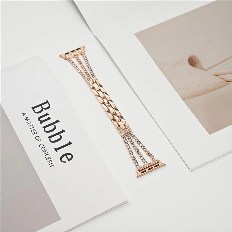For Apple Watch 10 46mm / Ultra 2 / Ultra 49mm / 9 8 7 45mm / SE (2023) SE (2022) SE 6 5 4 44mm / 3 2 1 42mm 3 Rows Rhinestone Bracelet Strap - Rose Gold