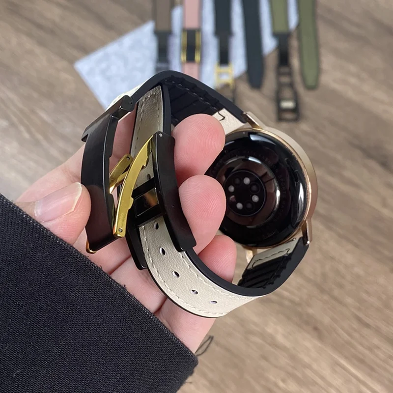 For Huawei Watch 4 / 4 Pro / GT 4 46mm Watch Band 22mm Silicone+Genuine Cow Leather Watch Strap - Green