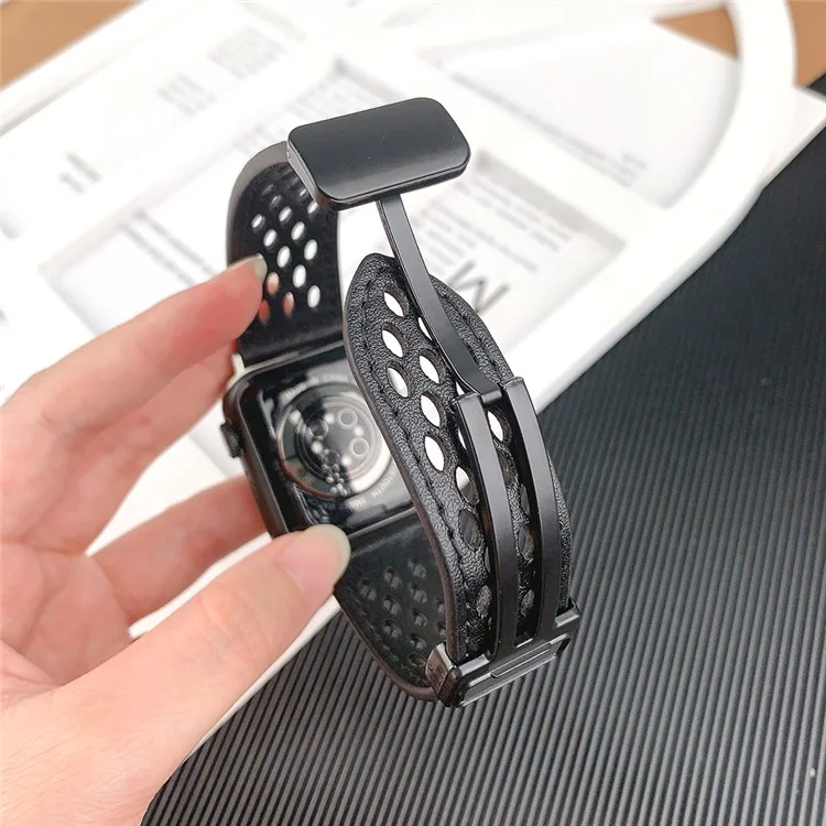 Watch Band For Apple Watch Series 10 42mm / 9 8 7 41mm / SE (2023) SE (2022) SE 6 5 4 40mm / 3 2 1 38mm Hollow-Out Leather Strap - Black