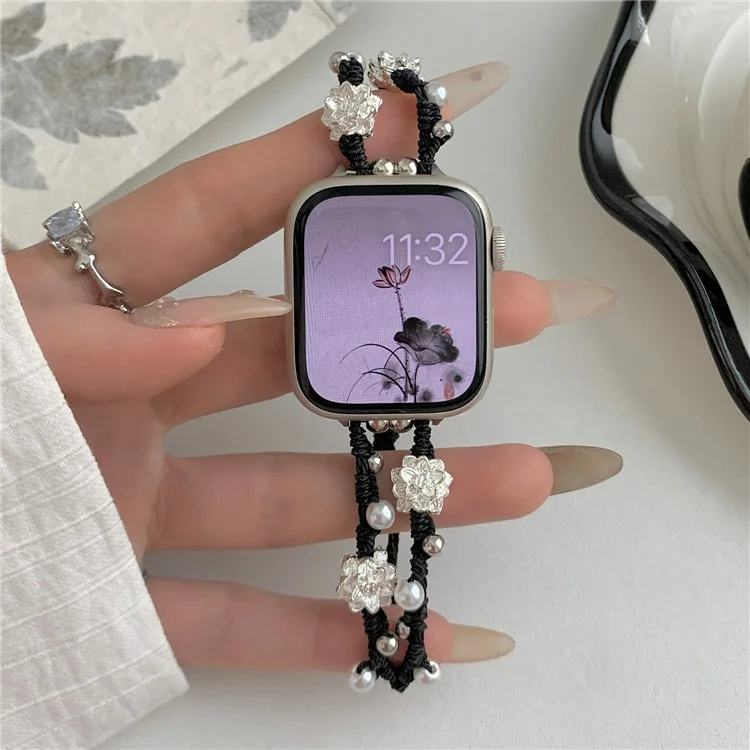 Nylon Rope Strap for Apple Watch 10 46mm / Ultra 2 / Ultra 49mm / 9 8 7 45mm / SE (2023) SE (2022) SE 6 5 4 44mm / 3 2 1 42mm Lotus Pearl Decor Bracelet - Black