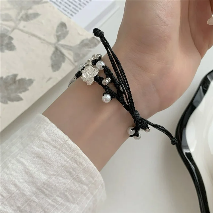 Nylon Rope Strap for Apple Watch 10 46mm / Ultra 2 / Ultra 49mm / 9 8 7 45mm / SE (2023) SE (2022) SE 6 5 4 44mm / 3 2 1 42mm Lotus Pearl Decor Bracelet - Black