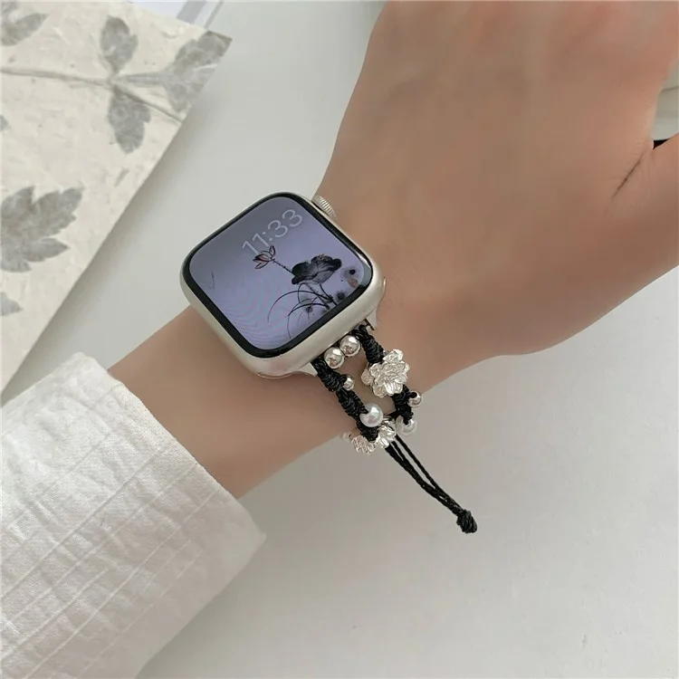 Nylon Rope Strap for Apple Watch 10 46mm / Ultra 2 / Ultra 49mm / 9 8 7 45mm / SE (2023) SE (2022) SE 6 5 4 44mm / 3 2 1 42mm Lotus Pearl Decor Bracelet - Black