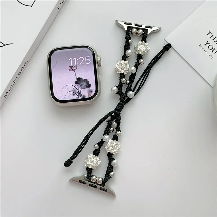 Nylon Rope Strap for Apple Watch 10 46mm / Ultra 2 / Ultra 49mm / 9 8 7 45mm / SE (2023) SE (2022) SE 6 5 4 44mm / 3 2 1 42mm Lotus Pearl Decor Bracelet - Black