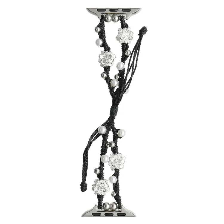 For Apple Watch Series 10 42mm / 9 8 7 41mm / SE (2023) SE (2022) SE 6 5 4 40mm / 3 2 1 38mm Lotus Pearl Decor Watch Strap - Black